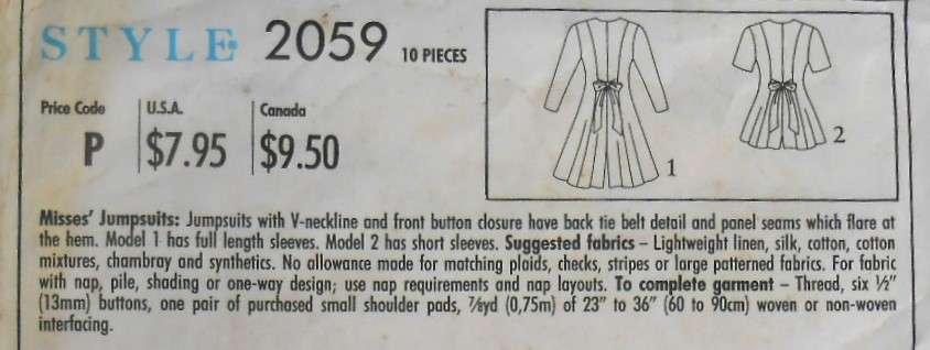 STYLE 2059 JUMPSUITS SIZE 6-16 COMPLETE-UNCUT-F/FOLDED