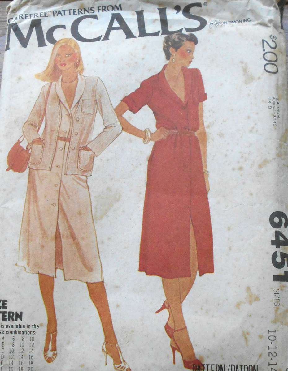 McCalls 6451 UNLINED JACKET & BUTTONED DRESS SIZE 10-12-14 COMPLETE CUT TO 14