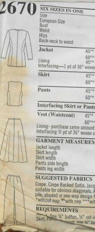 STYLE 2670 JACKET-WAISTCOAT-SKIRT-PANTS SIZE 8-18 COMPLETE-UNCUT-F/FOLDED