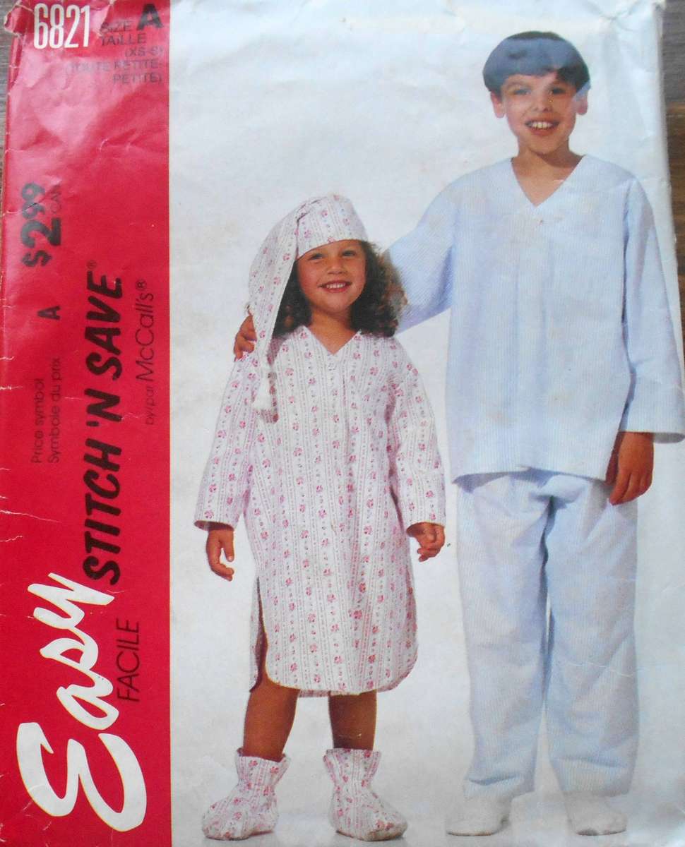McCalls 6821 KIDS NIGHTSHIRT-PJS & HAT SIZE XS-S (2-4-6-7) YEARS COMPLETE-CUT TO 6-7