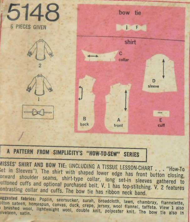 SIMPLICITY 5148 SHIRT & BOW TIE SIZE 14 BUST 36-COMPLETE