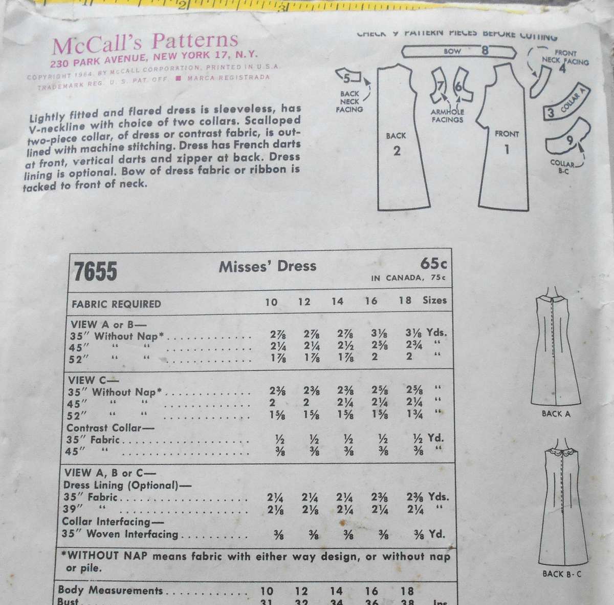 V/VINTAGE McCalls 7655 LIGHTLY FITTED & FLARED DRESS SIZE 12 BUST 32 COMPLETE-ZIPLOC