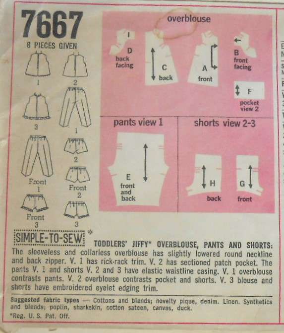 SIMPLICITY 7667 TODDLERS OVERBLOUSE-PANTS-SHORTS SIZE 1 YEAR COMPLETE