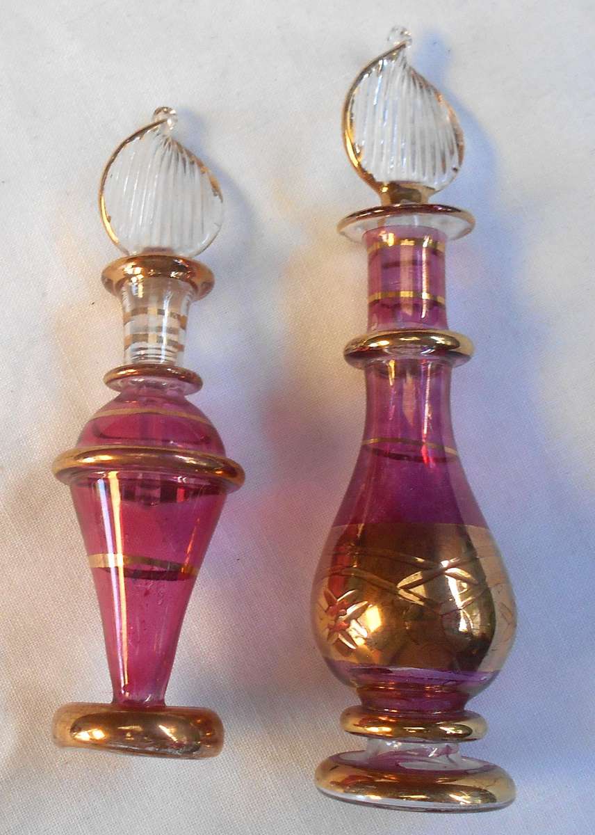 STUNNING two MINIATURE MAUVE/PURPLE COLOUR EGYPTIAN GLASS PERFUME BOTTLES WITH DAPPERS