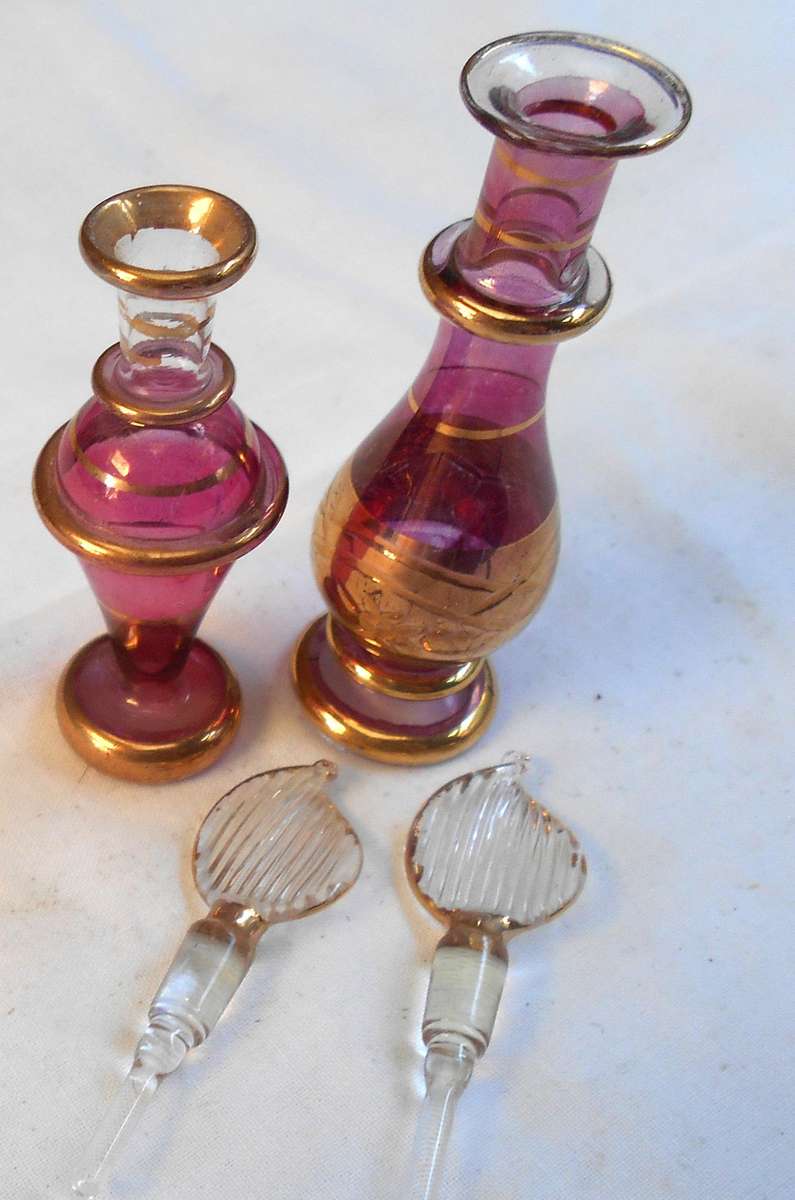 STUNNING two MINIATURE MAUVE/PURPLE COLOUR EGYPTIAN GLASS PERFUME BOTTLES WITH DAPPERS