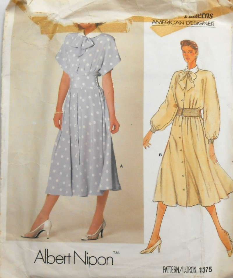 VOGUE 1375 ALBERT NIPPON -DRESS WITH CONTRAST COLLAR SIZE 10 COMPLETE-UNCUT-F/FOLDED-ZIPLOC