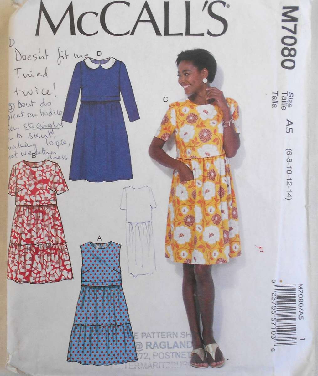 McCalls M7080 PULLOVER DRESS WITH SEMI FITTED BODICE SIZE 6-8-10-12-14 COMPLETE-CUT TO 14