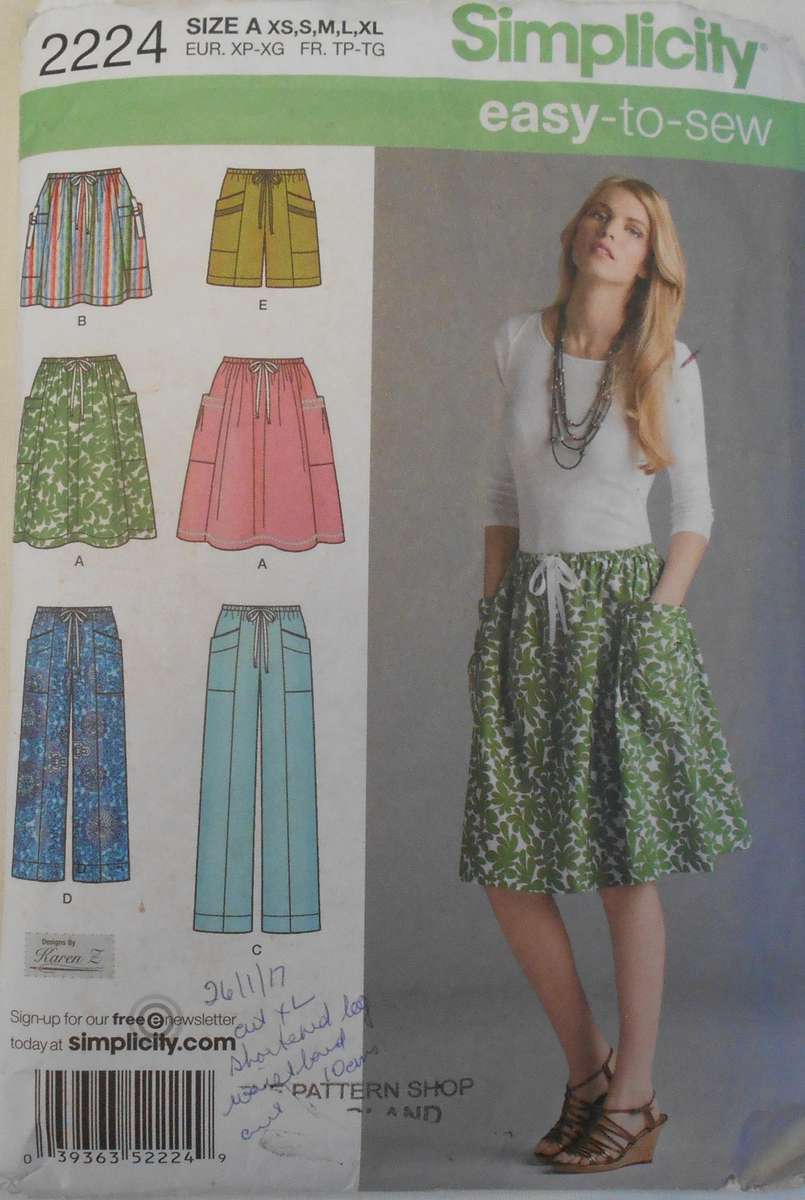 SIMPLICITY 2224 PULL ON SKIRTS-PANTS-SHORTS IN 2 LENGTHS SIZE XS-XL 30-46 COMPLETE-CUT TO XL (44-46)
