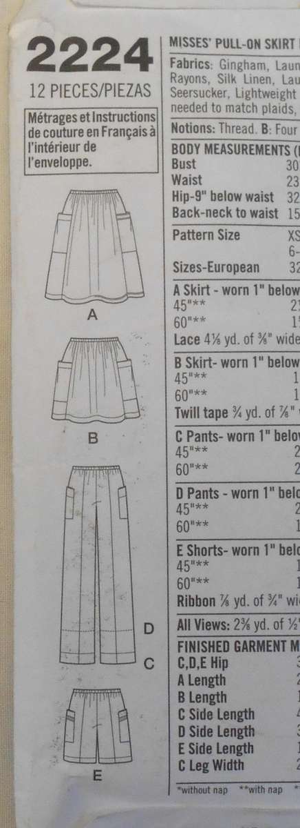 SIMPLICITY 2224 PULL ON SKIRTS-PANTS-SHORTS IN 2 LENGTHS SIZE XS-XL 30-46 COMPLETE-CUT TO XL (44-46)