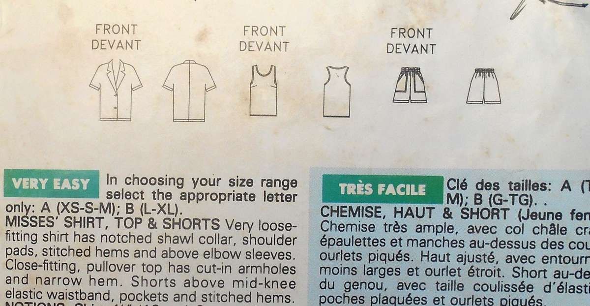 BUTTERICK 4965 SHIRT-TOP-SHORTS SIZE L-XL (16-22) COMPLETE-CUT TO XL 20-22