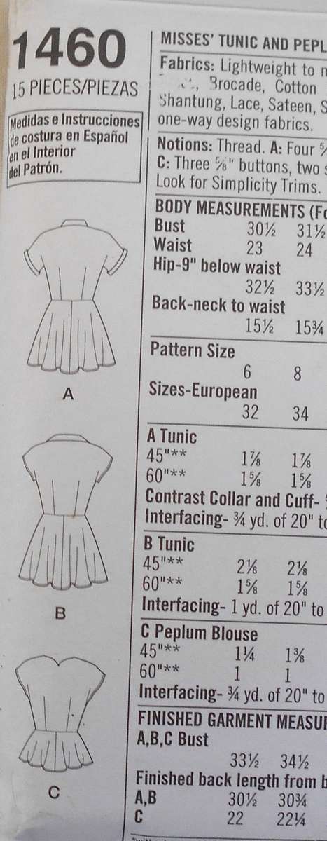 SIMPLICITY 1460 VINTAGE 1950'S TUNIC & PEPLUM BLOUSE SIZE 6-8-10-12-14 COMPLETE-CUT TO 14