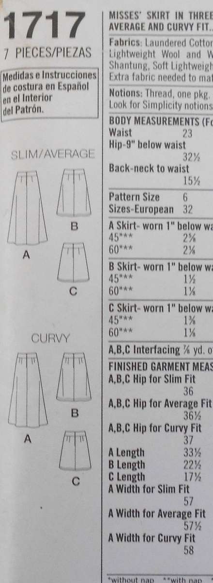 SIMPLICITY 1717 SKIRT IN 3 SIZES FOR SLIM-AVERAGE-CURVY SIZE 6-8-10-12-14 COMPLETE-UNCUT-F/FOLDED