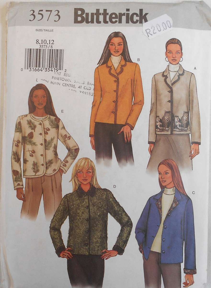 BUTTERICK 3573 LOOSE FITTING FRONT BUTTON JACKETS SIZE-8-10-12-COMPLETE-UNCUT-F/FOLDED
