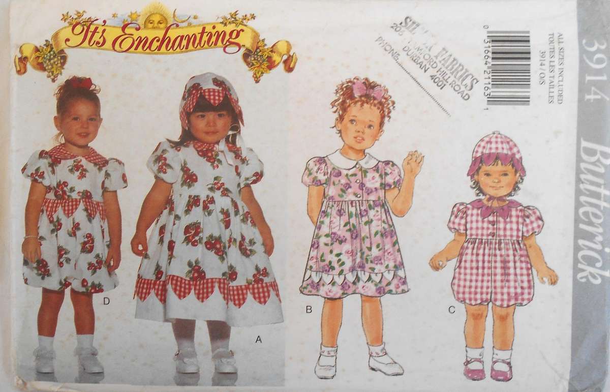 BUTTERICK 3914 TODDLERS DRESS-ROMPER & HAT SIZE-1-2-3-4 YEARS-COMPLETE-UNCUT-F/FOLDED