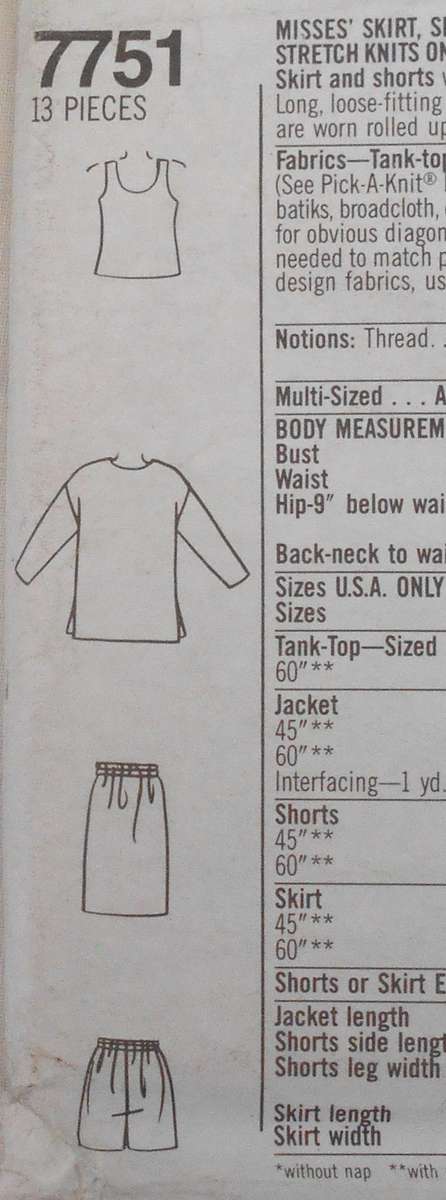 SIMPLICITY 7761 SKIRT-SHORTS-TANK TOP-UNLINED JACKET SIZE-16-20-COMPLETE-UNCUT-F/FOLDED