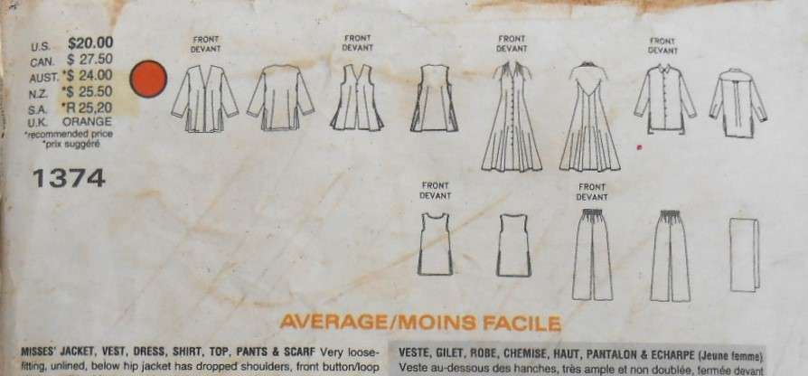 VOGUE 1374 JACKET-WAISTCOAT-DRESS-TOP-SHIRT-PANTS-SCARF SIZE 14-16-18-COMPLETE-PART CUT TO 16