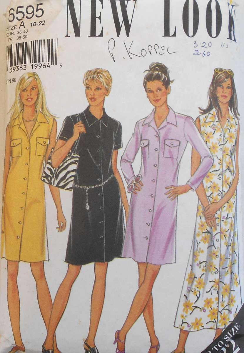NEW LOOK PATTERNS 6595 FRONT BUTTON DRESS SIZES 10-22-COMPLETE-CUT TO 20