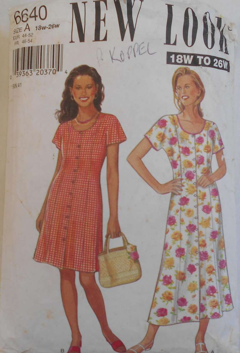 NEW LOOK PATTERNS 6640 FRONT BUTTON DRESS WITH TIEBACK SIZES 18W-26W-COMPLETE-CUT TO 22W