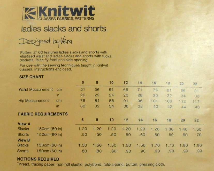 KNITWIT PATTERN 2100 - LADIES SLACKS & SHORTS -SIZES 6 TO 22 COMPLETE