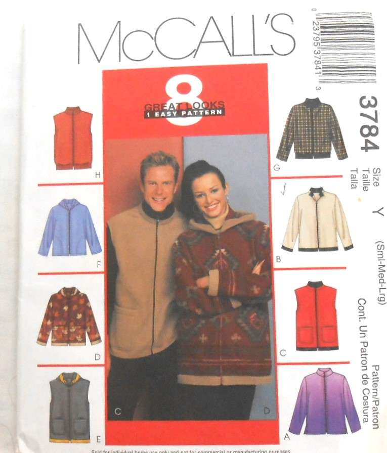 McCALLS 3784 UNISEX SWEATSHIRT/JACKET-GILET-STRETCH KNITS SIZE S-M-L (34-44) COMPLETE-UNCUT-F/FOLDED