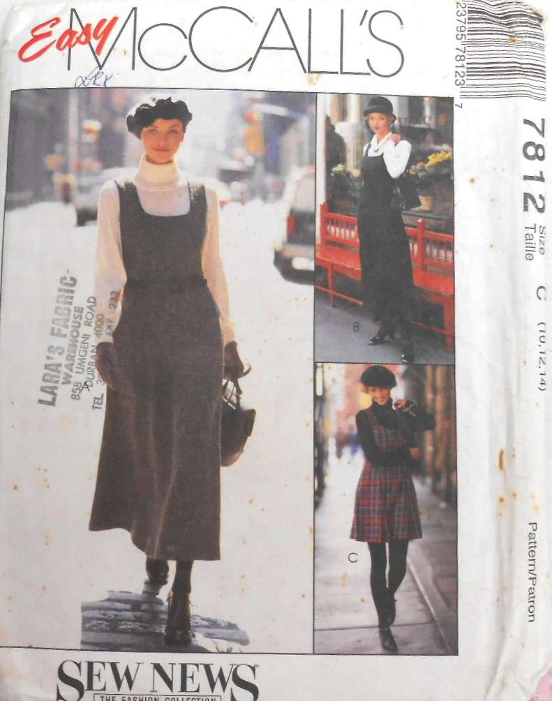 McCALLS 7812 LINED OR UNLINED PINAFORE IN 2 LENGTHS SIZE 10-12-14 COMPLETE-UNCUT-F/FOLDED