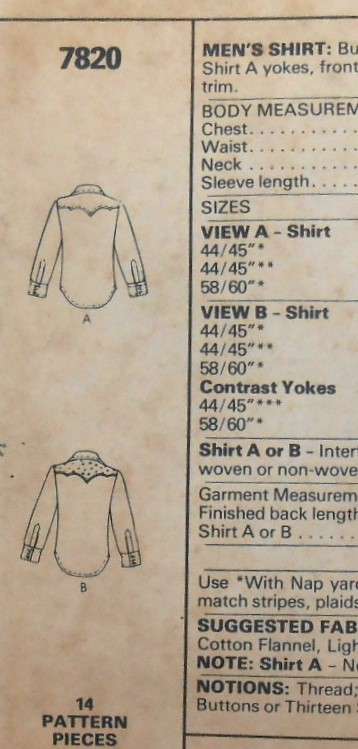 McCALLS 7820 MENS SHIRT SIZE 42 COMPLETE-UNCUT-F/FOLDED