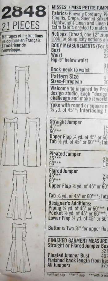 SIMPLICITY 2848 PINAFORE DRESS SIZE 4-6-8-10-12 COMPLETE-CUT TO 12