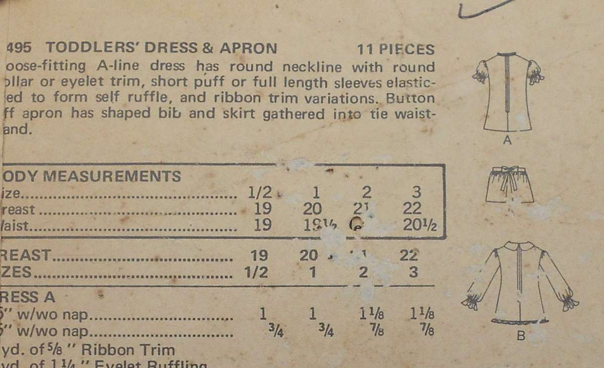 BUTTERICK 6495 TODDLERS DRESS & APRON SIZE 3 YEARS BREAST 22" COMPLETE