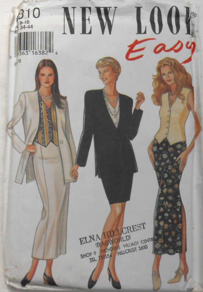 NEW LOOK PATTERNS 6310 JACKET-WAISTCOAT-SKIRT SIZES 8-18 COMPLETE-UNCUT-F/FOLDED