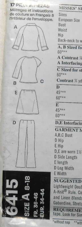 NEW LOOK PATTERNS 6415 V NECK TOPS-FLARED PANTS-SKIRT SIZES 8-18 COMPLETE-UNCUT-F/FOLDED
