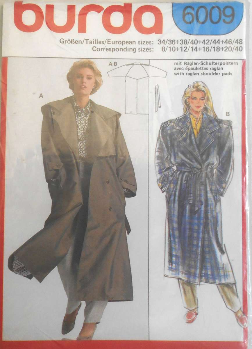 BURDA 6009 LONG COAT WI BELT SIZE 8/10-20/40 COMPLETE UNCUT-F/FOLDED-SEALED