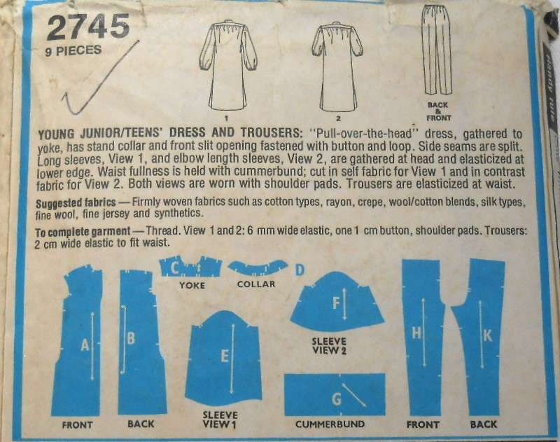 STYLE 2745 STAND UP COLLAR DRESS-TUNIC-PANTS SIZE 13/14 BUST 85 CM COMPLETE