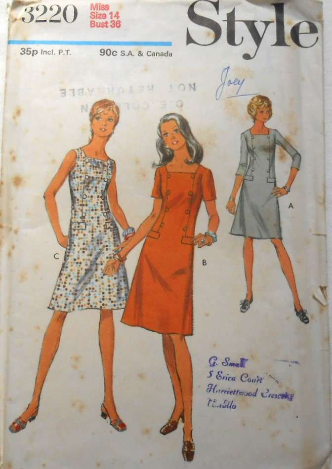 VINTAGE STYLE 3220 DRESS WITH SQUARED NECKLINE SIZE 14 BUST 36 COMPLETE