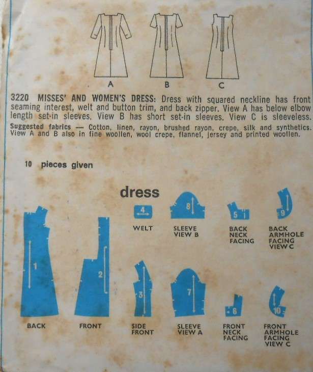 VINTAGE STYLE 3220 DRESS WITH SQUARED NECKLINE SIZE 14 BUST 36 COMPLETE