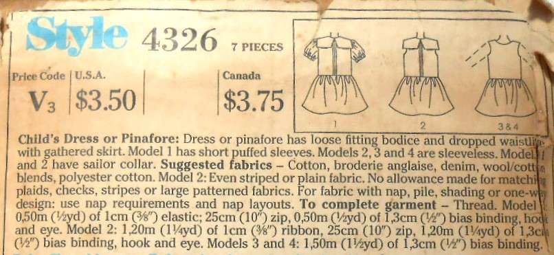 STYLE 4326 DRESS OR PINAFORE SIZE 2-3-4 YEARS COMPLETE-ZIPLOC