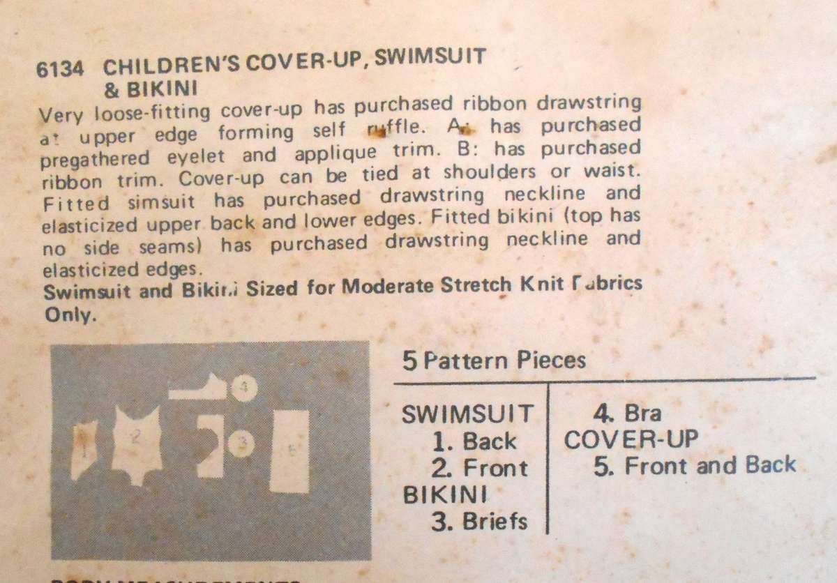 BUTTERICK 6134 KIDS COVER UP-SWIMSUIT-BIKINI SIZE 4 YEARS COMPLETE