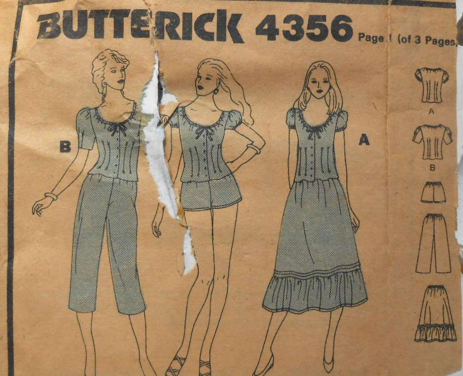 BUTTERICK 4356 PEASANT TOP-SKIRT-PANTS-SHORTS SIZE 6 COMPLETE-SUPPLIED IN ENVELOPE