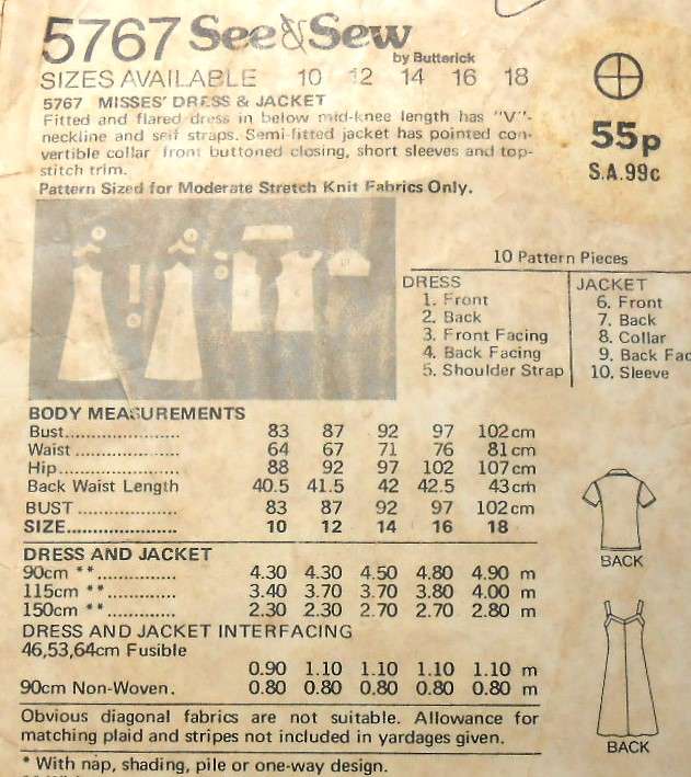 BUTTERICK 5767 JACKET-DRESS SIZE 10 COMPLETE-ZIPLOC