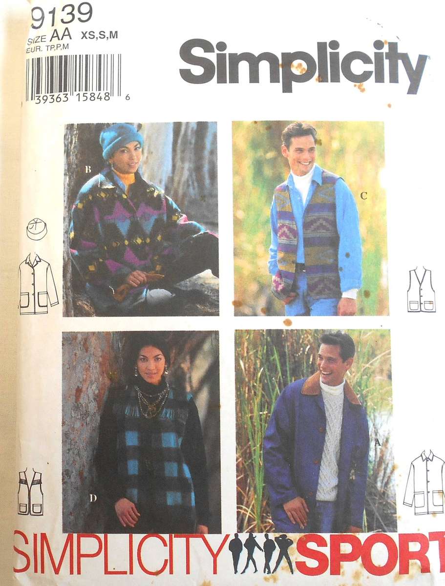 SIMPLICITY 9139 UNISEX SWEATSHIRT/JACKET-WAISTCOAT-HAT SIZE XS-S-M (31-40) COMPLETE CUT M 38-40