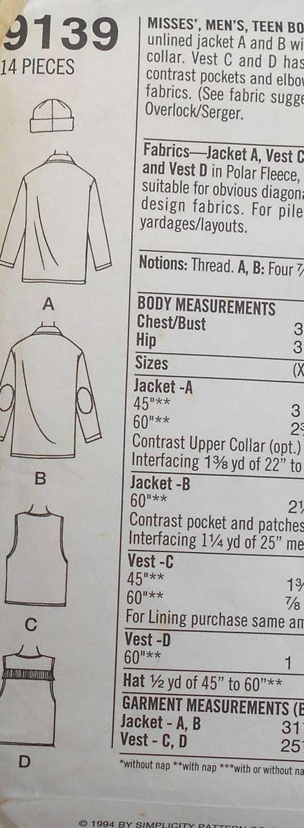 SIMPLICITY 9139 UNISEX SWEATSHIRT/JACKET-WAISTCOAT-HAT SIZE XS-S-M (31-40) COMPLETE CUT M 38-40