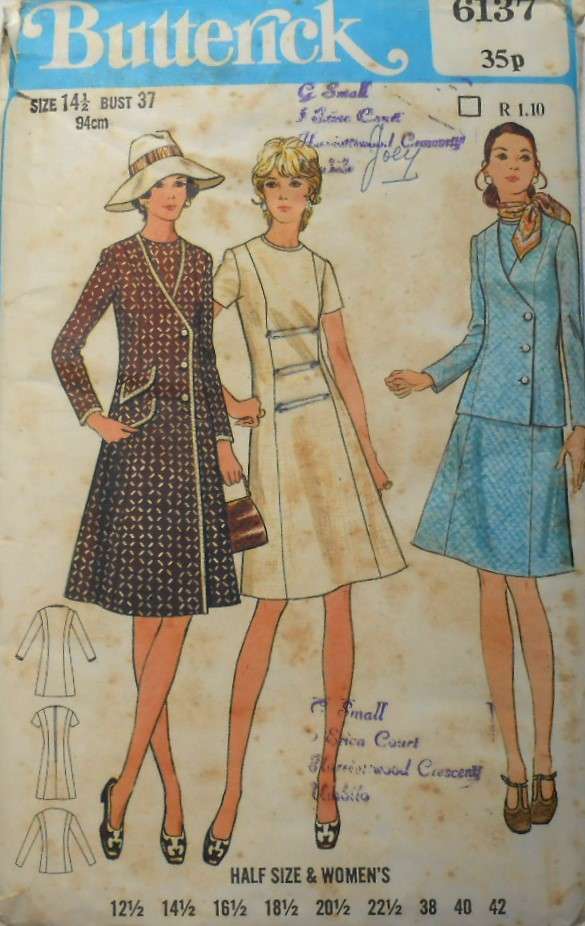 VINTAGE BUTTERICK 6137 DRESS-COAT-JACKET SIZE 14 1/2 BUST 37 COMPLETE-NO SEWING INSTRUCTIONS SUPPLIE