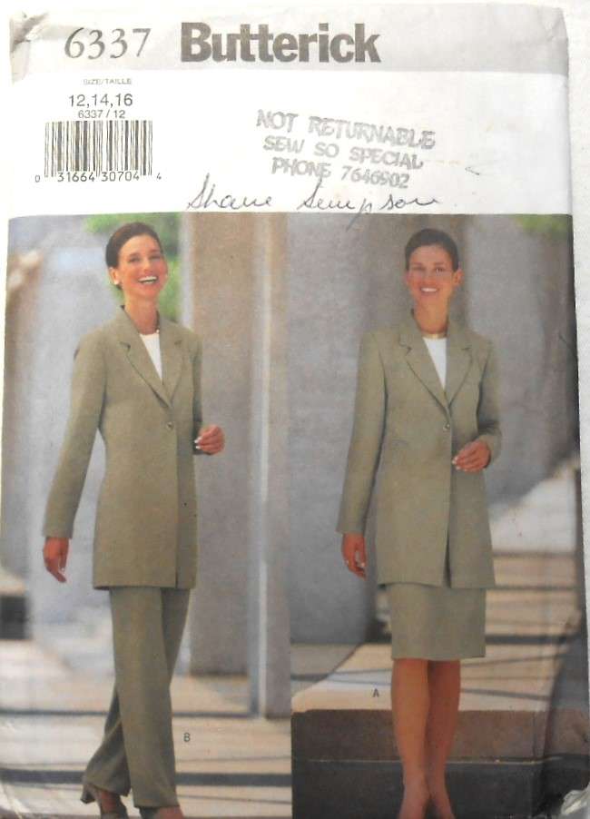 BUTTERICK 6337 JACKET-SKIRT-PANTS SIZE 12-14-16 COMPLETE-UNCUT-F/FOLDED