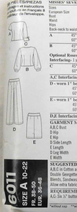 NEW LOOK PATTERNS 6011 TOPS-SKIRT-PANTS SIZES 10-22 COMPLETE-MOSTLY UNCUT CUT TO SIZE 22