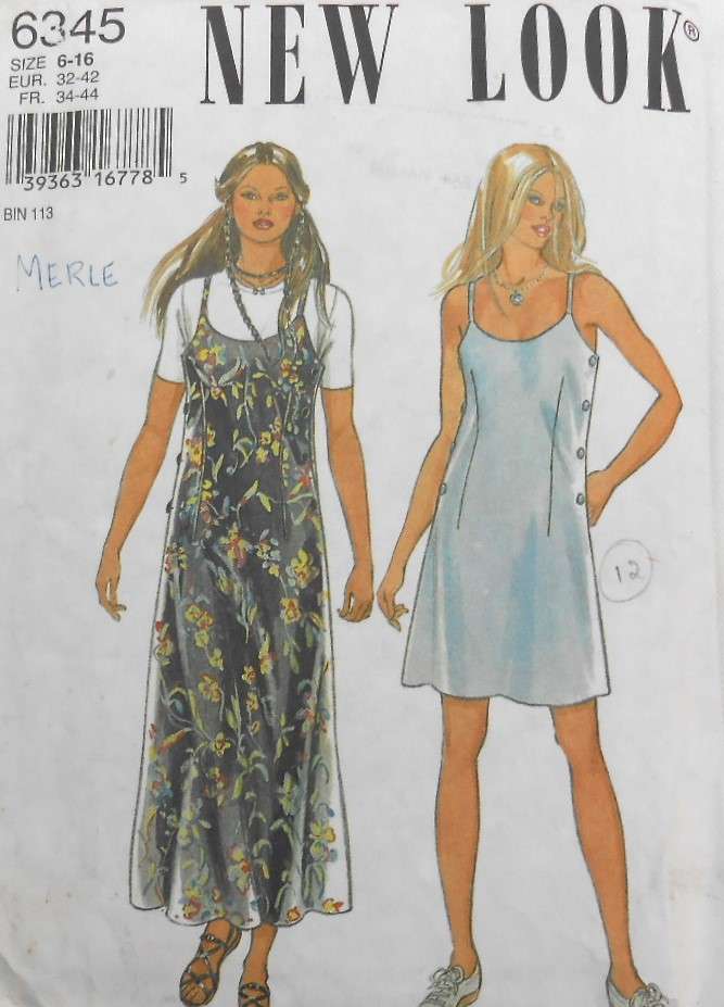 NEW LOOK PATTERNS 6345 SHOE STRING STRAP DRESS WITH BUTTON SIDE SEAMS SIZES 8-18 COMPLETE CUT TO 16