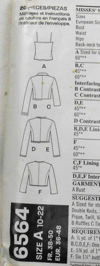 NEW LOOK PATTERNS 6564 CAMISOLES & BOLEROS SIZES 10-22 COMPLETE-MOSTLY UNCUT -VIEW D CUT TO 12