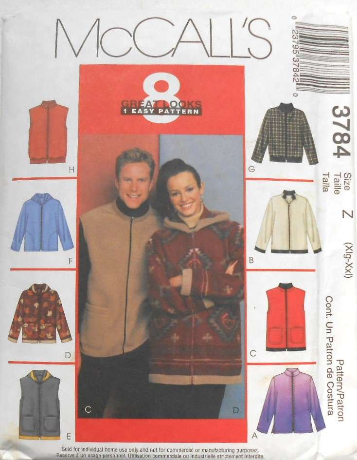 McCALLS 3784 UNISEX SWEATSHIRT JACKETS & GILETS SIZE XL-XXL (46-52) COMPLETE MOSTLY UNCUT TO XXL