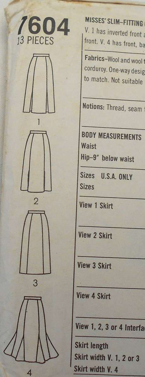 SIMPLICITY 7604 SLIM FITTING GORED SKIRTS SIZE 1`2-COMPLETE