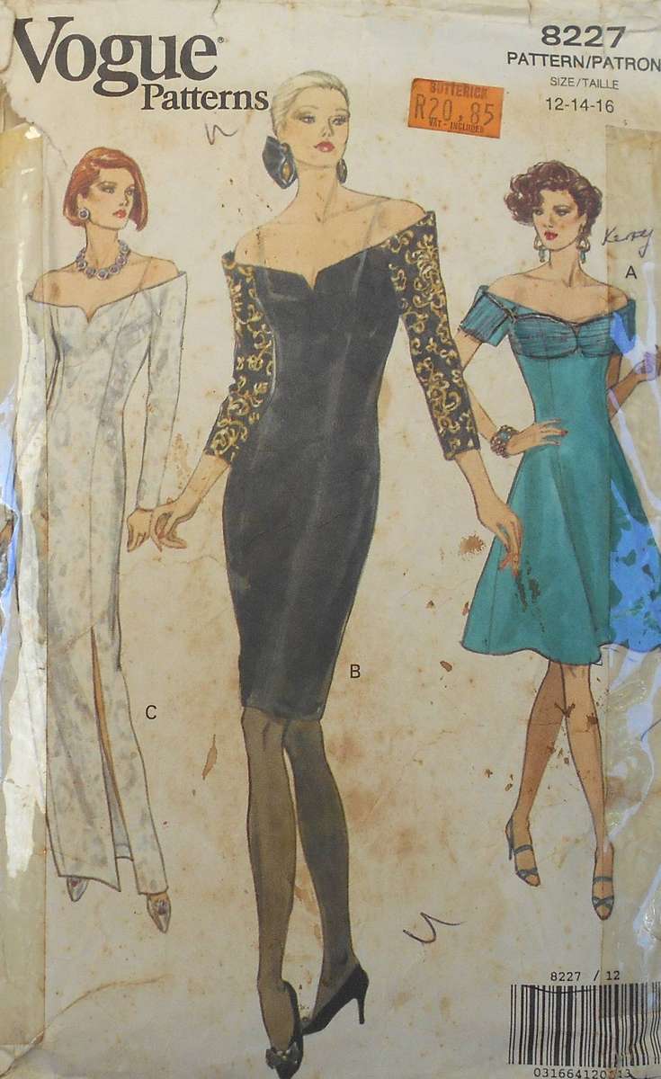 VOGUE 8227 OFF THE SHOULDER DRESS WITH VARIATIONS SIZE 12-14-16 COMPLETE CUT TO 14