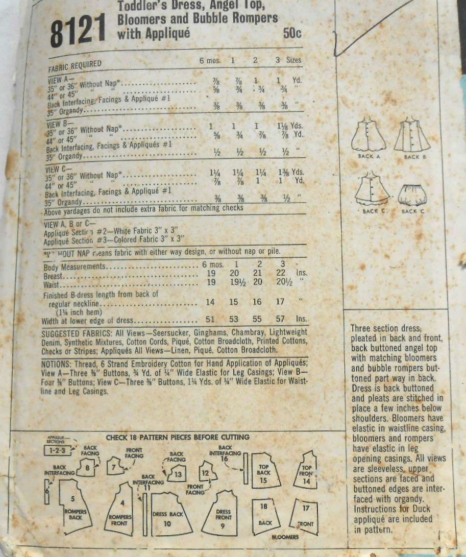 VINTAGE McCALLS 8121 TODDLERS DRESS-ANGEL TOP-BLOOMERS-BUBBLE ROMPER+APPLIQUE SIZE 1 YEAR-COMPLETE