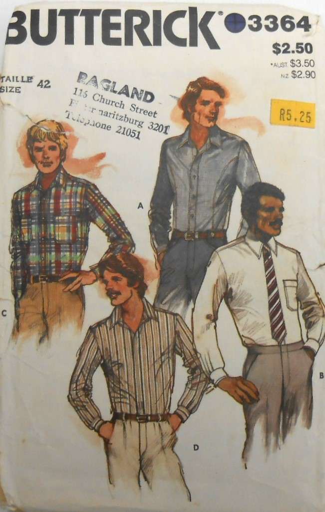 BUTTERICK 3364 MENS SHIRTS SIZE 42 COMPLETE